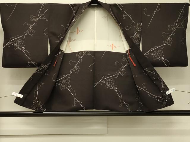 平和屋着物∞羽織　葡萄蔦の葉文　黒地　正絹　逸品　CABI6267in