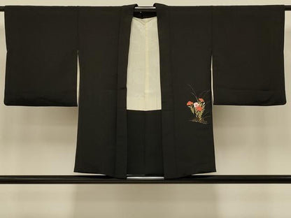 平和屋着物＃羽織　草花文　黒地　金彩　正絹　逸品　CABI6275in