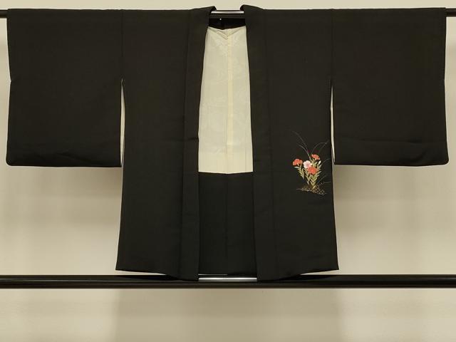 平和屋着物＃羽織　草花文　黒地　金彩　正絹　逸品　CABI6275in