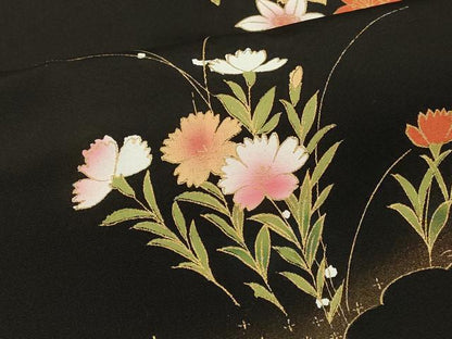平和屋着物＃羽織　草花文　黒地　金彩　正絹　逸品　CABI6275in