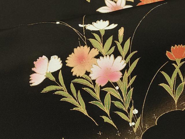 平和屋着物＃羽織　草花文　黒地　金彩　正絹　逸品　CABI6275in