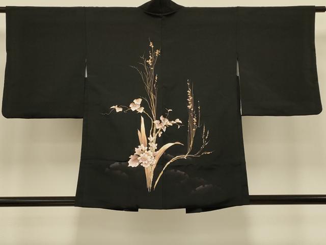 平和屋着物＃羽織　枝花文　黒地　金彩　正絹　逸品　CABI6295in