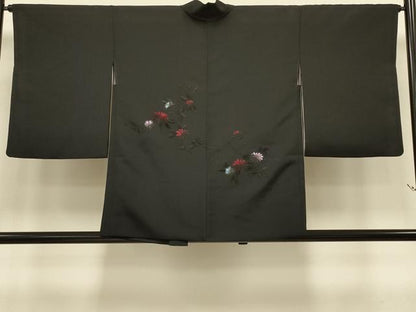 平和屋着物＃羽織　総刺繍　草花文　黒地　正絹　逸品　CABI6302in