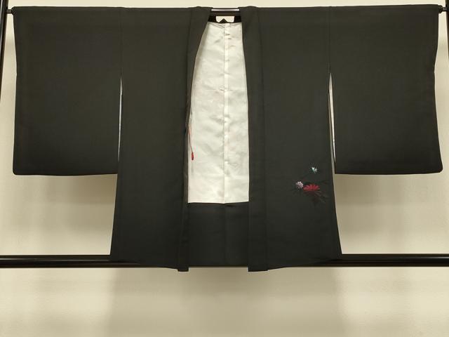 平和屋着物＃羽織　総刺繍　草花文　黒地　正絹　逸品　CABI6302in
