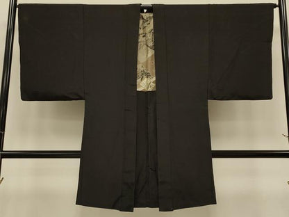 平和屋着物＃男性　長羽織　黒地　正絹　逸品　CABI6305in