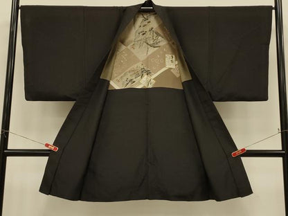 平和屋着物＃男性　長羽織　黒地　正絹　逸品　CABI6305in