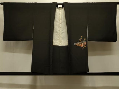 平和屋着物＃羽織　雲取り笹竹花文　黒地　金銀彩　正絹　逸品　CABI6314in