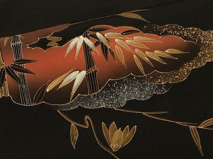 平和屋着物＃羽織　雲取り笹竹花文　黒地　金銀彩　正絹　逸品　CABI6314in