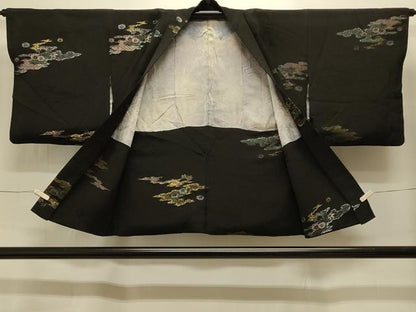 平和屋着物＃羽織　寿光織　霞吉祥花文　黒地　金糸　正絹　逸品　CABI6332in