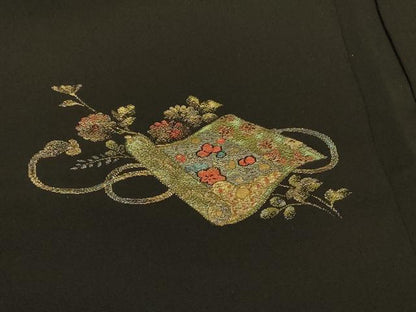 平和屋着物＃羽織　寿光織　絵巻枝花文　黒地　金銀糸　正絹　逸品　CABI6335in