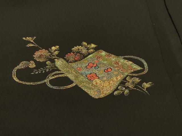平和屋着物＃羽織　寿光織　絵巻枝花文　黒地　金銀糸　正絹　逸品　CABI6335in