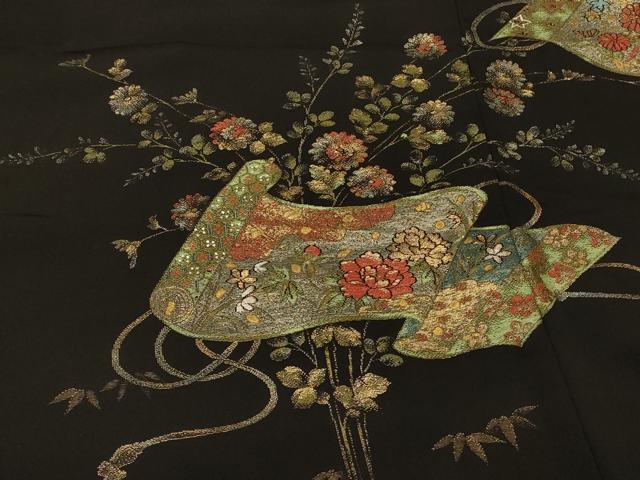 平和屋着物＃羽織　寿光織　絵巻枝花文　黒地　金銀糸　正絹　逸品　CABI6335in