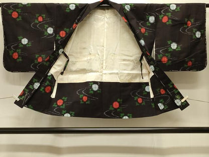 平和屋着物＃羽織　久留米絣　流水草花文　黒地　綿　逸品　未使用　CABI6342in