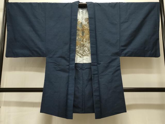 平和屋着物＃男性　長羽織　紬地　藍鉄色　正絹　逸品　CABI6351in