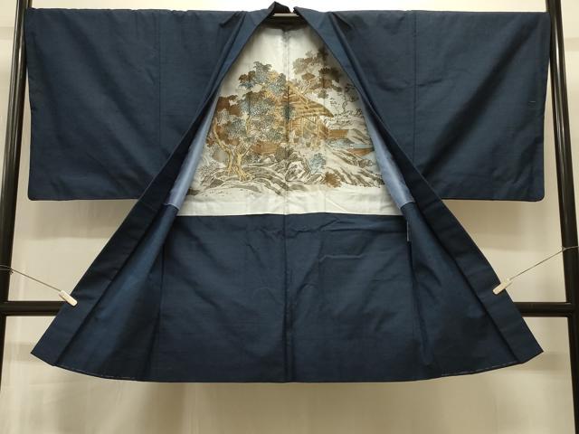 平和屋着物＃男性　長羽織　紬地　藍鉄色　正絹　逸品　CABI6351in