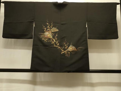 平和屋着物＃羽織　寿光織　檜扇枝梅文　黒地　金糸　正絹　逸品　CABI6353in
