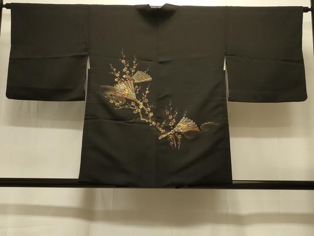 平和屋着物＃羽織　寿光織　檜扇枝梅文　黒地　金糸　正絹　逸品　CABI6353in