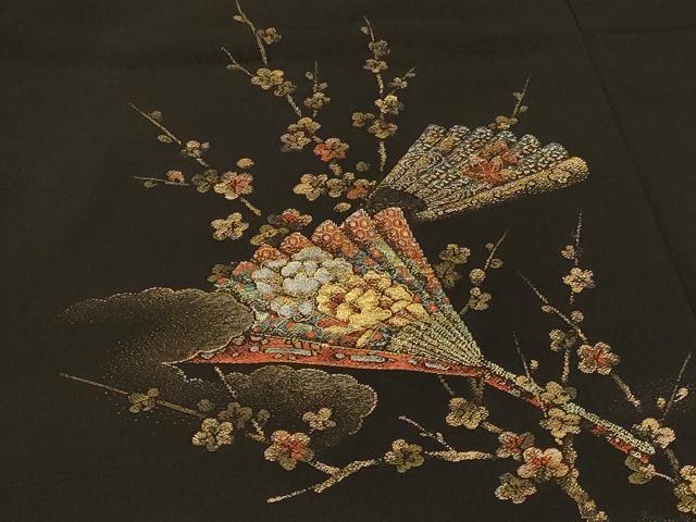 平和屋着物＃羽織　寿光織　檜扇枝梅文　黒地　金糸　正絹　逸品　CABI6353in