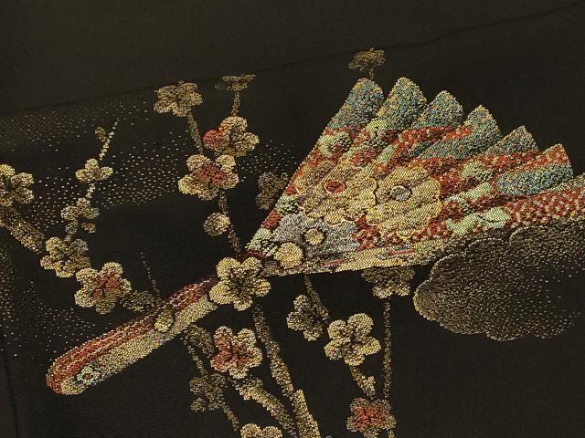 平和屋着物＃羽織　寿光織　檜扇枝梅文　黒地　金糸　正絹　逸品　CABI6353in