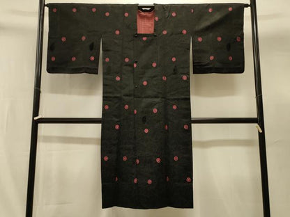 平和屋着物＃道行コート　単衣　花唐草文　黒地　ロング丈　正絹　逸品　CABI6359in