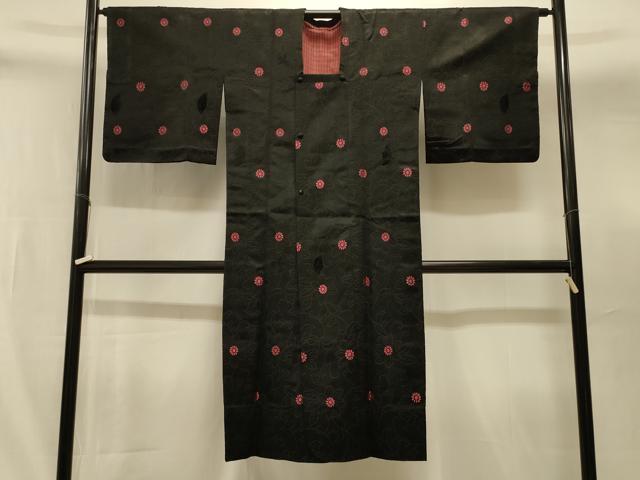 平和屋着物＃道行コート　単衣　花唐草文　黒地　ロング丈　正絹　逸品　CABI6359in