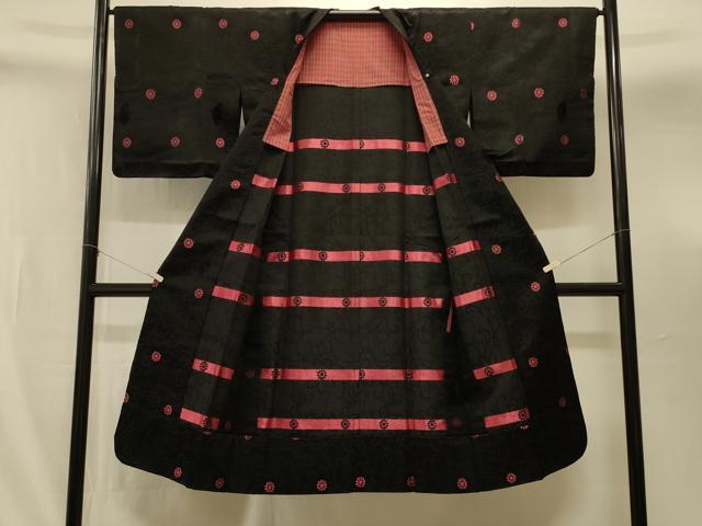 平和屋着物＃道行コート　単衣　花唐草文　黒地　ロング丈　正絹　逸品　CABI6359in
