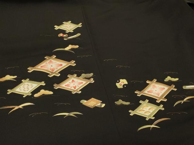 平和屋着物＃羽織　吉祥菱花文　黒地　金彩　正絹　逸品　CABI6366in