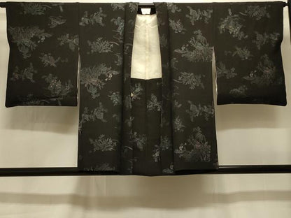 平和屋着物＃羽織　寿光織　風景草花文　黒地　金糸　正絹　逸品　CABI6391in