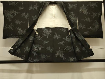 平和屋着物＃羽織　寿光織　風景草花文　黒地　金糸　正絹　逸品　CABI6391in