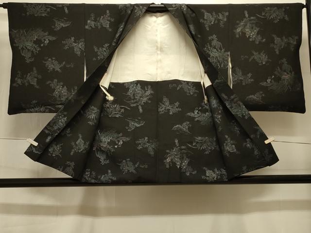 平和屋着物＃羽織　寿光織　風景草花文　黒地　金糸　正絹　逸品　CABI6391in