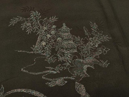 平和屋着物＃羽織　寿光織　風景草花文　黒地　金糸　正絹　逸品　CABI6391in