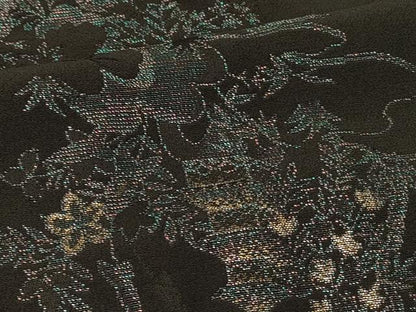 平和屋着物＃羽織　寿光織　風景草花文　黒地　金糸　正絹　逸品　CABI6391in