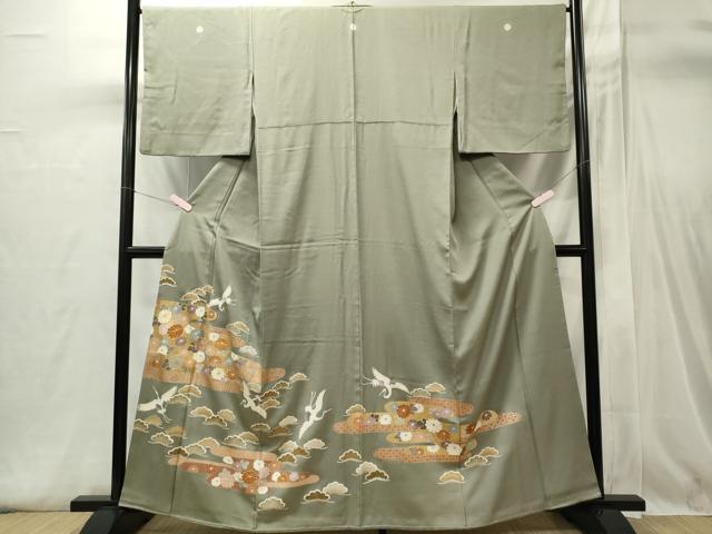 平和屋着物■豪華色留袖　駒刺繍飛鶴花松文　正絹　逸品　CABI6416ou
