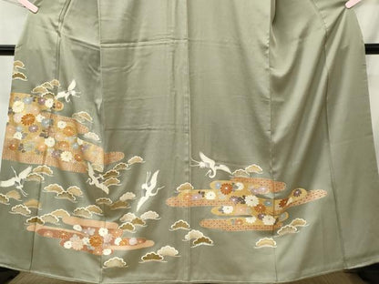 平和屋着物■豪華色留袖　駒刺繍飛鶴花松文　正絹　逸品　CABI6416ou