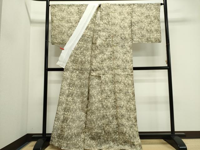 平和屋着物＊夏物　小紋・浴衣兼用　絹紅梅　松煌染　檜扇草花文　反端付き　絹綿　逸品　CABI6454ou