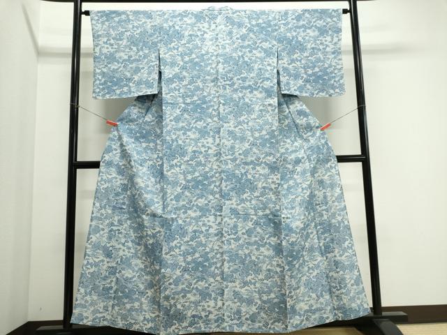 平和屋着物＊夏物　小紋　絽　藍　型染め　舞蝶草花文　正絹　逸品　CABI6470ou