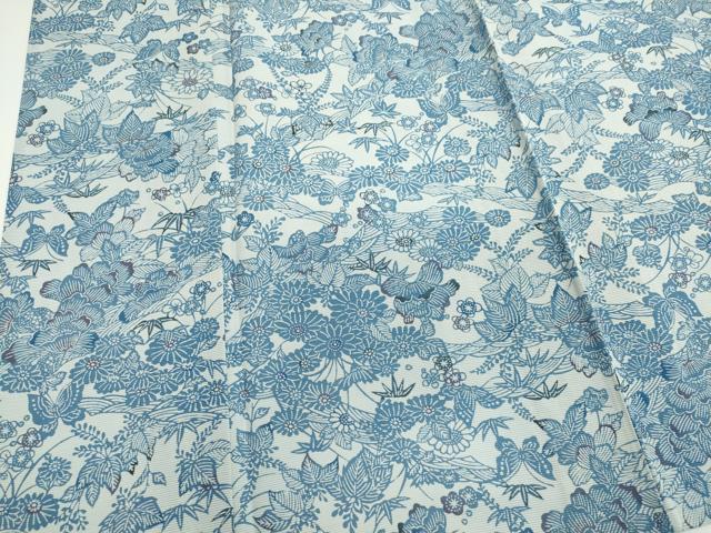 平和屋着物＊夏物　小紋　絽　藍　型染め　舞蝶草花文　正絹　逸品　CABI6470ou