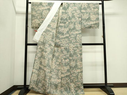 平和屋着物＊夏物　小紋　本場小千谷ちぢみ　東京染　茶屋辻小紋　風景文　反端付き　正絹　逸品　CABI6479ou