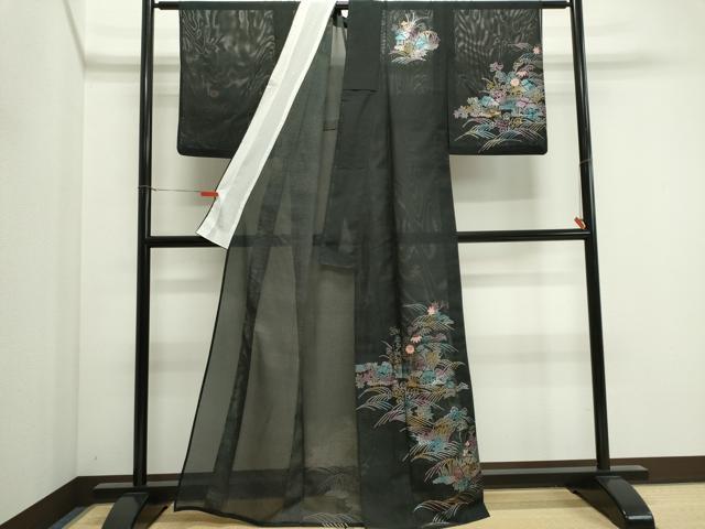 平和屋着物＊夏物　訪問着　絽　立波風景文　黒地　金銀彩　洗える着物　CABI6489ou