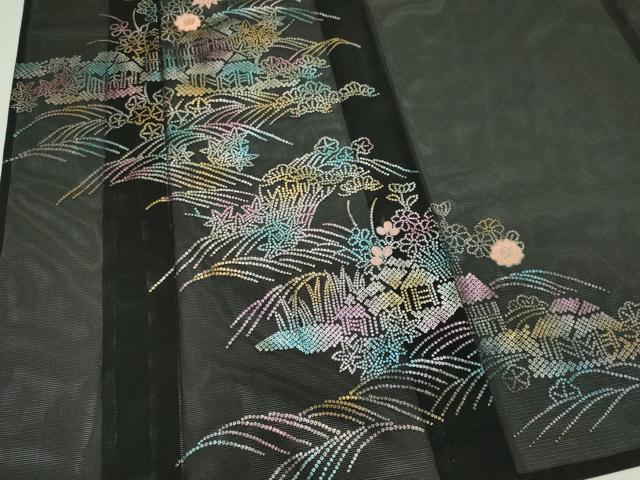 平和屋着物＊夏物　訪問着　絽　立波風景文　黒地　金銀彩　洗える着物　CABI6489ou