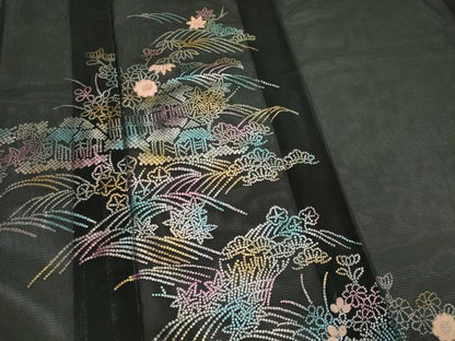 平和屋着物＊夏物　訪問着　絽　立波風景文　黒地　金銀彩　洗える着物　CABI6489ou