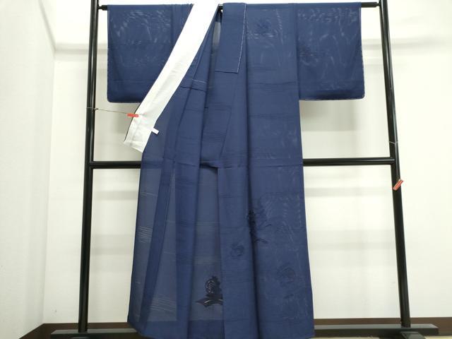 平和屋着物＊夏物　無地絵羽訪問着　総刺繍　絽　立波草花文　紺青色　正絹　逸品　未使用　CABI6506ou