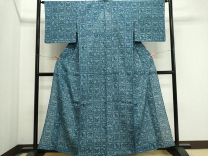 平和屋着物＊夏物　小紋　紗紬　型染め　花鳥丸文　正絹　逸品　CABI6518ou