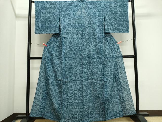 平和屋着物＊夏物　小紋　紗紬　型染め　花鳥丸文　正絹　逸品　CABI6518ou