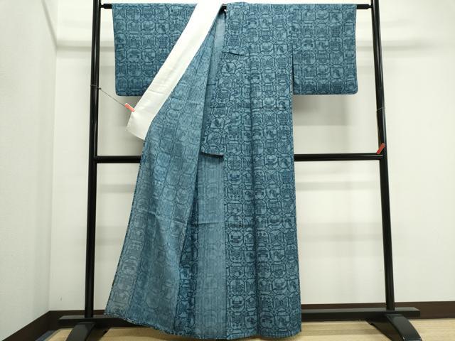 平和屋着物＊夏物　小紋　紗紬　型染め　花鳥丸文　正絹　逸品　CABI6518ou