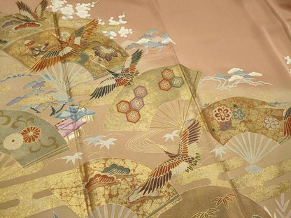平和屋着物■豪華色留袖　駒刺繍　扇面飛鶴風景文　暈し染め　金彩　正絹　逸品　CABI6538ou
