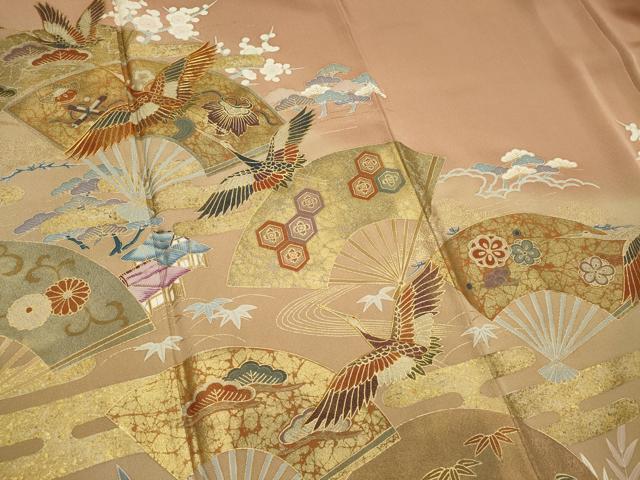 平和屋着物■豪華色留袖　駒刺繍　扇面飛鶴風景文　暈し染め　金彩　正絹　逸品　CABI6538ou