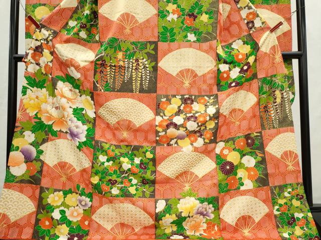 平和屋着物■豪華振袖　駒刺繍　扇面吉祥草花文　金彩　正絹　逸品　CABI6613ou
