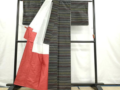 平和屋着物■上質な紬　横段文　正絹　逸品　未使用　CABI6627ou