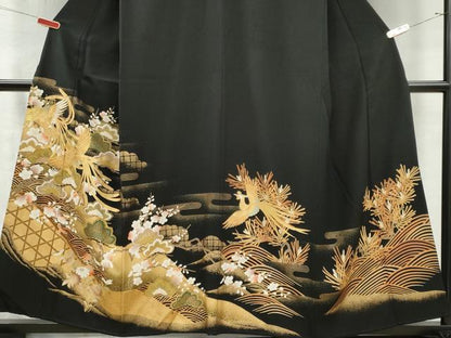 平和屋着物■豪華黒留袖　駒刺繍　立波鳳凰梅松文　金彩　正絹　逸品　CABI6657ou